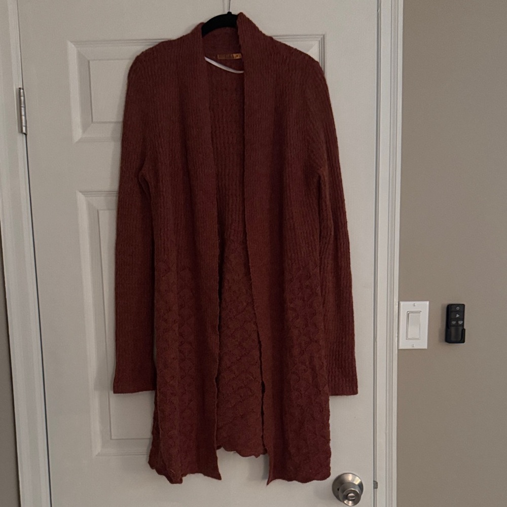 Belldini Open-Front Cable Knit Cardigan in Rust Brown